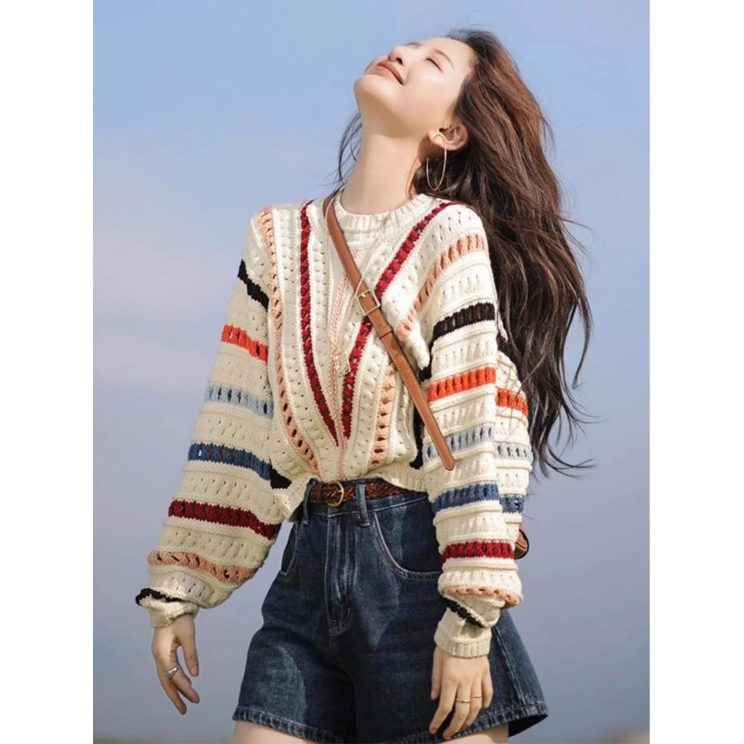 彩色条纹毛衣女秋冬新款外穿宽松慵懒风钩花镂空针织衫上衣外套潮