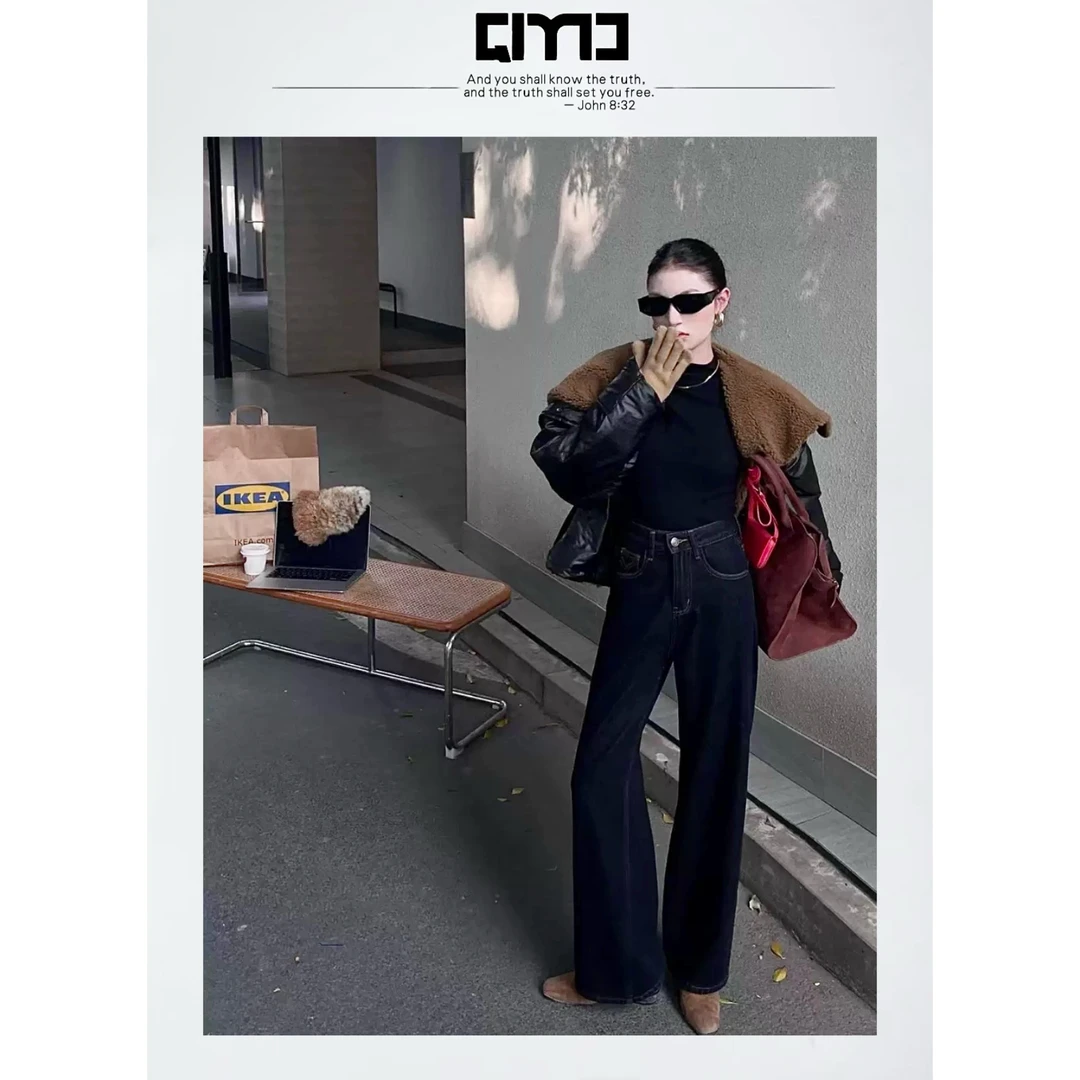 QIMO启茉（A318#高腰阔腿牛仔裤（抓绒）普洗蓝