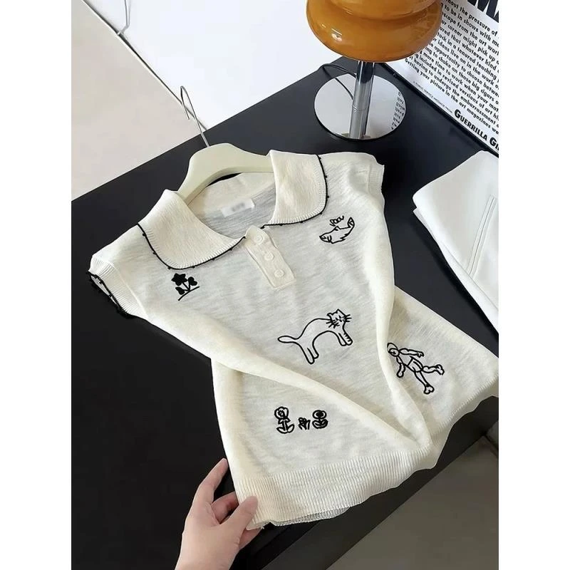 夏日趣味可爱风卡通刺绣针织短袖女夏季独特减龄翻领撞色轻薄上衣