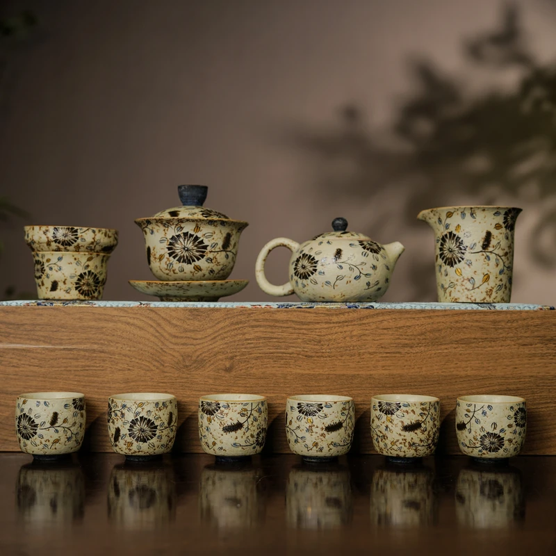 盖碗茶杯茶碗陶瓷手绘复古茶具焦糖色青花茶具不烫手功夫茶具套装