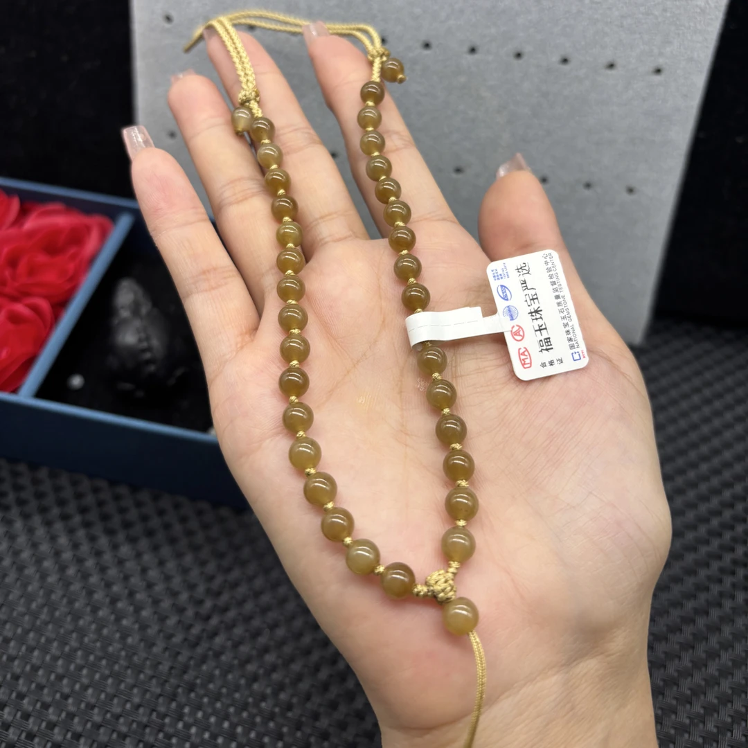 福利天然和田玉黄糖圆珠6mm手工编织项链男女挂坠挂件绳可调节款