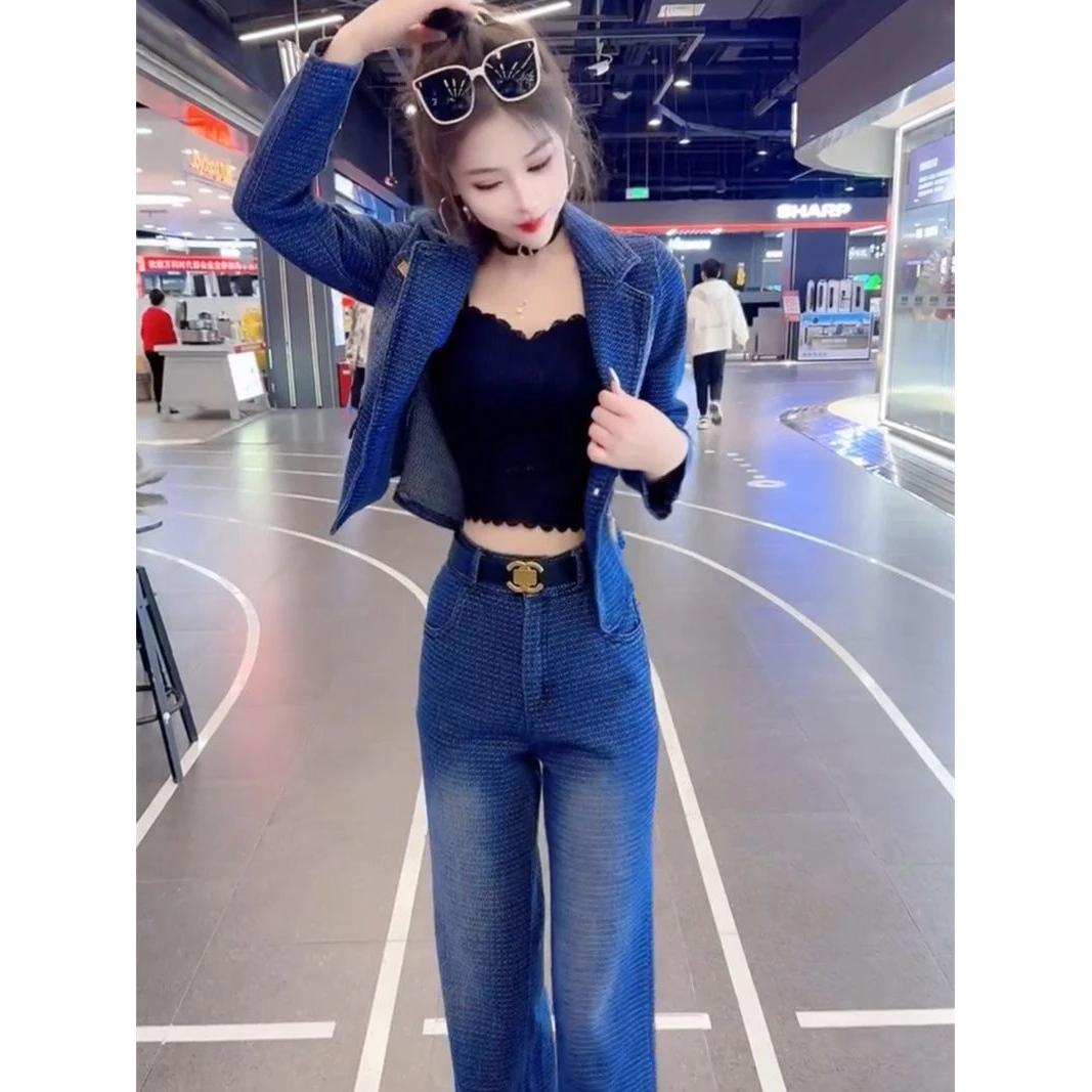 高品质时尚牛仔套装女2025春秋新款洋气减龄显瘦外套阔腿裤两件