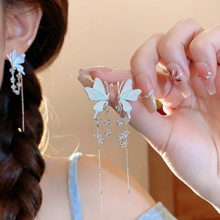 铜合金仿水晶耳饰 蝴蝶流苏耳钉时尚气质耳环耳饰轻奢高级感小众