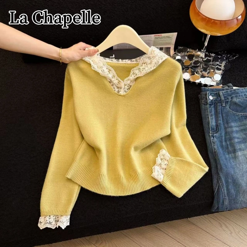 拉夏贝尔秋冬法式蕾丝花边拼接针织衫气质百搭显瘦连帽拼色毛衣女