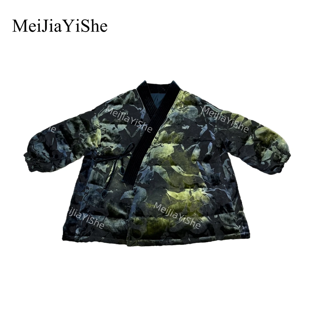 梅家2025冬季新款复古提花桑蚕丝偏襟系带鹅绒服