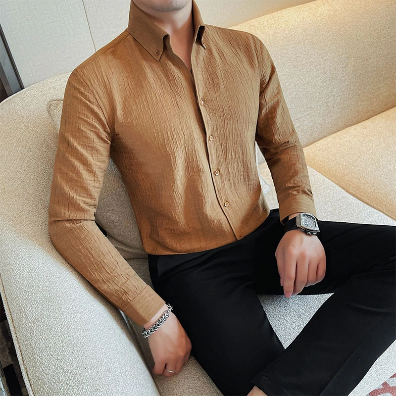 高级感v领衬衫男款爆款2025新款春秋商务时尚褶皱大尖领男士衬衣