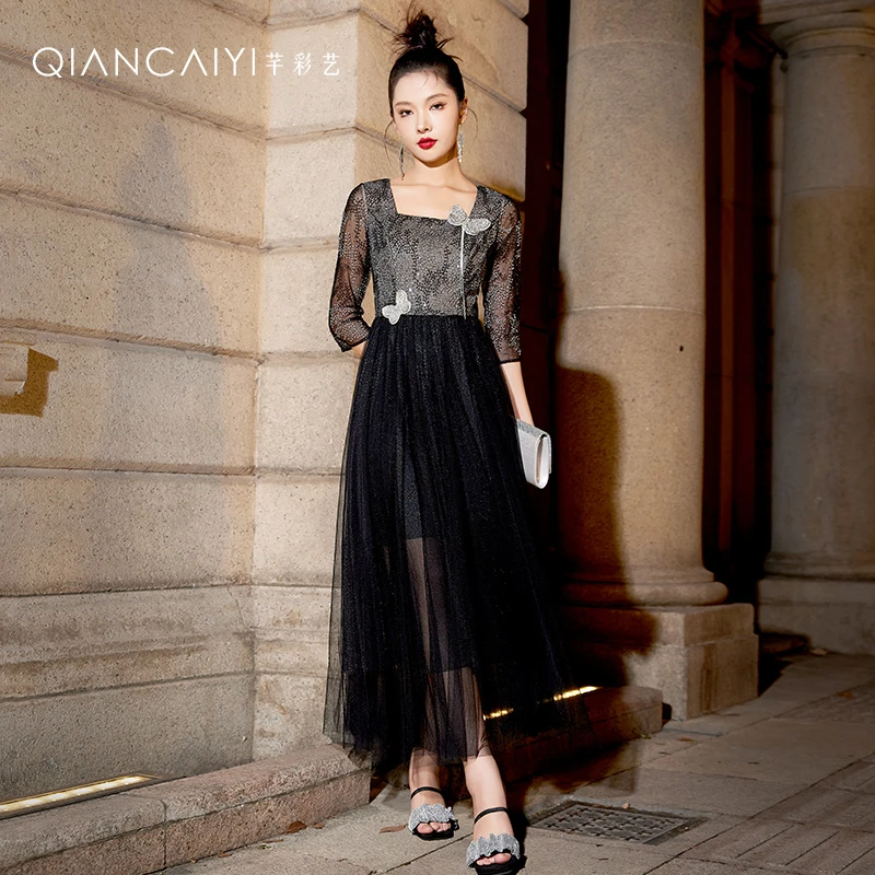 【思朵】Y24004蕾丝百搭黑色春季中长款重工金丝显瘦气质时尚礼服