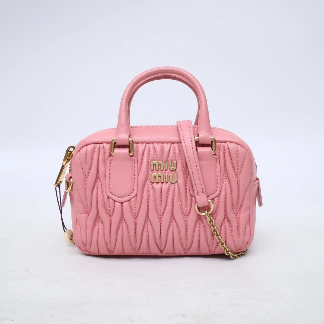 99新 MIU MIU/缪缪 小花柳 Matelasse 粉色 单肩 保龄球包 mini