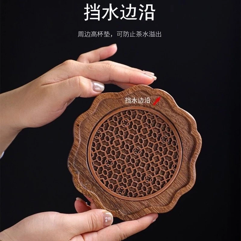 【空境茶舍】胡桃木制浪花壶承干泡台干泡盘茶盘茶壶垫家用14*14*2