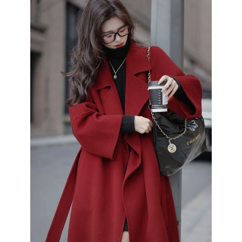 西西里红色毛呢新娘大衣女中长款2025秋冬新款宽松高级感毛呢外套