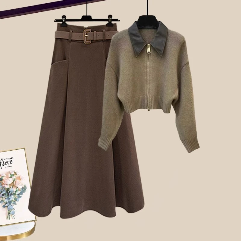 M910M873#Polo领拉链针织毛衣女秋冬季高腰显瘦半身裙两件套