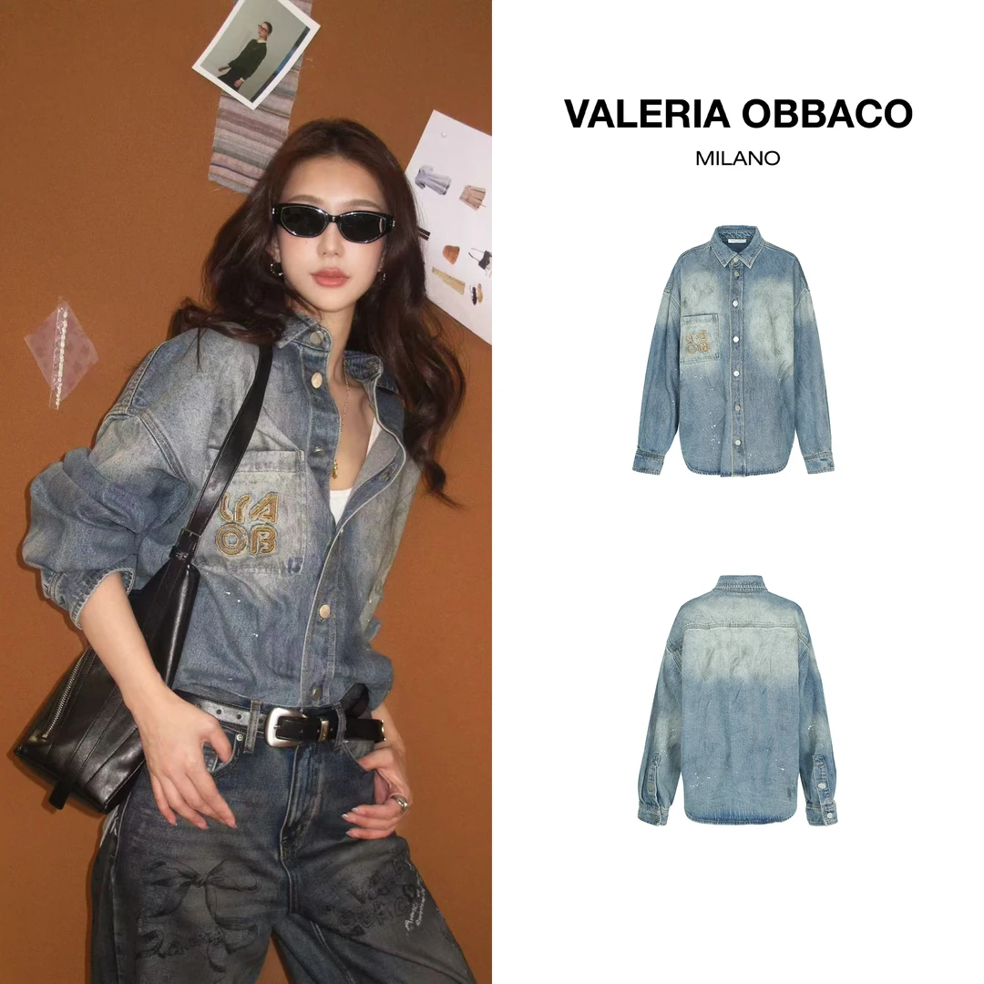 VALERIAOBBACO/瓦莱丽娅 奥贝科VO蓝色贴布绣长款牛仔外套