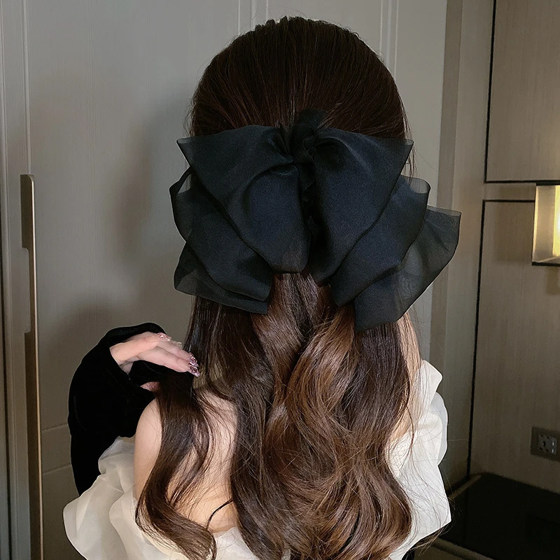 韩版网红雪纺弹簧发夹马尾大蝴蝶结后脑勺发夹云朵头花发饰饰品春