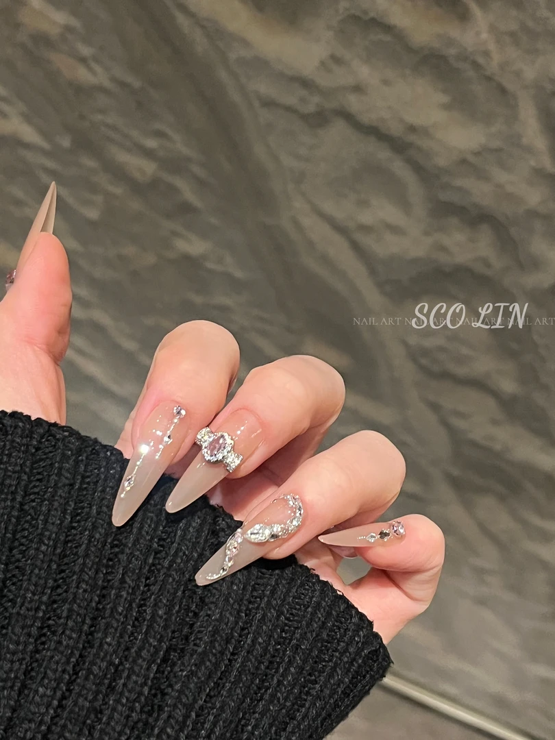 ScoLin【幻粉灵蛇】简裸施华洛锆石LZ手工定制美甲超长杏仁穿戴甲