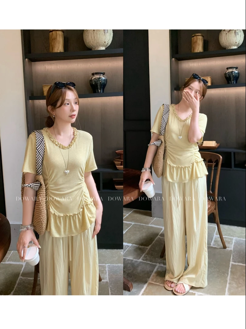 现货9384X大婉酱肉肉微胖定制【苎麻花T】木耳花边荷叶边下摆上衣