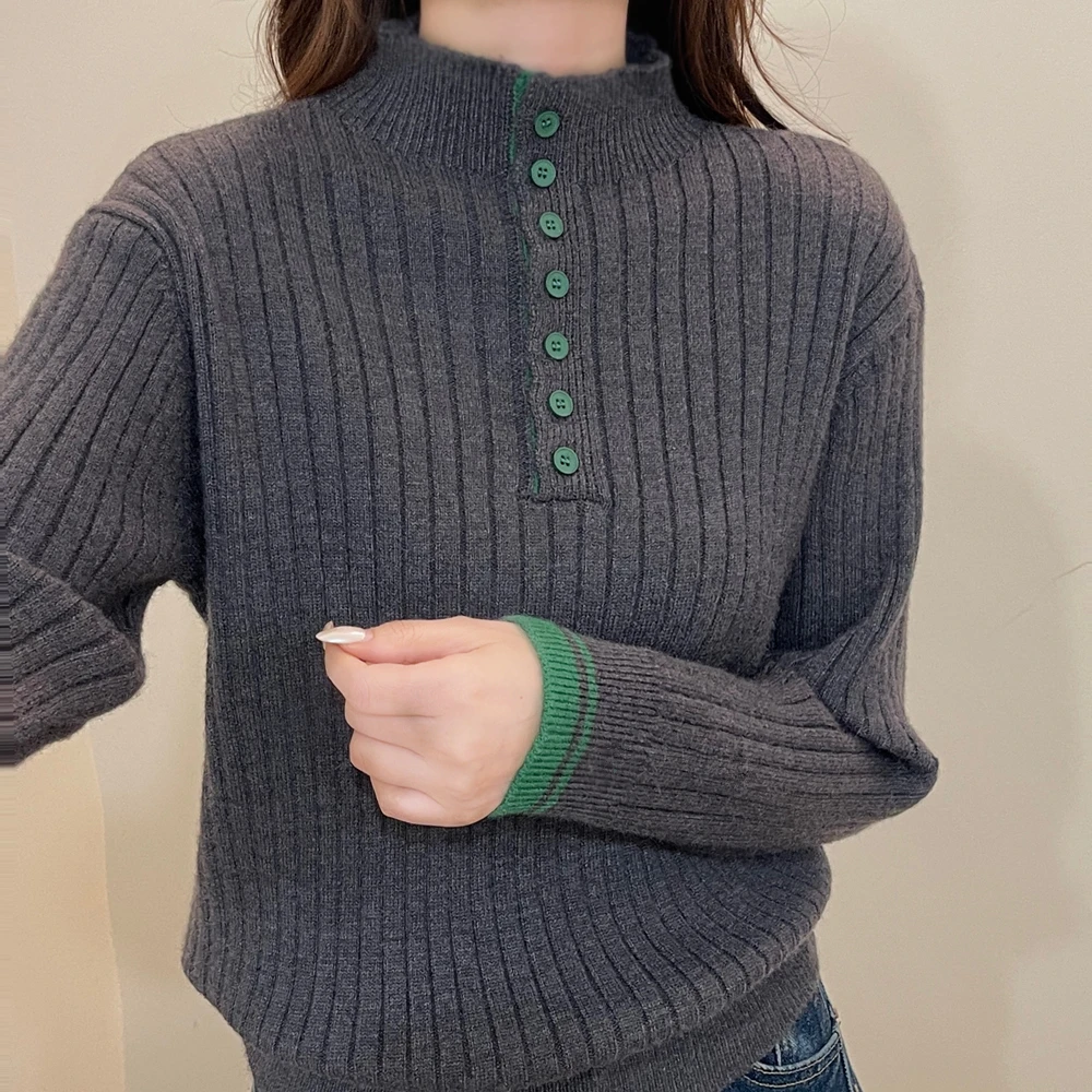 加厚高级感毛衣女内搭秋冬洋气单排扣半高领休闲坑条针织打底衫女