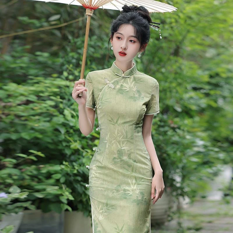 绿色送考旗袍女2025夏季年轻款高端长款日常改良高考中考一路绿灯