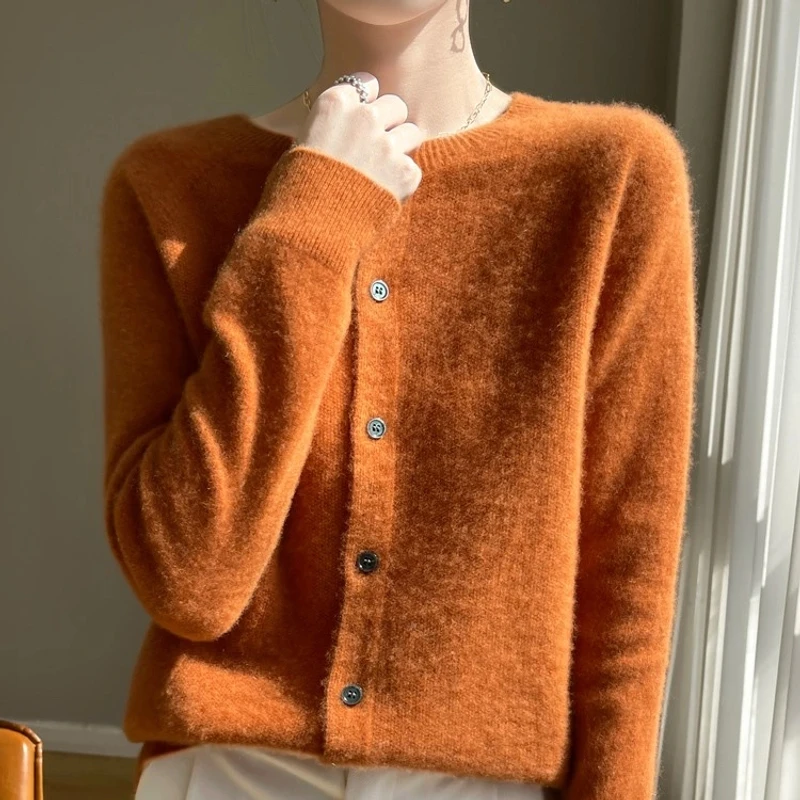 一线成衣桂花针100%纯羊毛衫圆领针织开衫百搭透气N419C