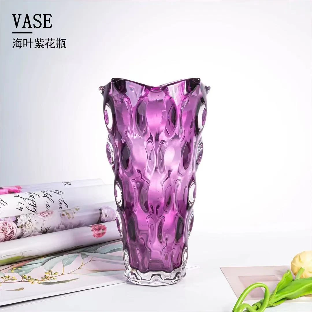 欧式轻奢简约高级紫色加厚加重水晶玻璃花瓶轻奢客厅插花摆件