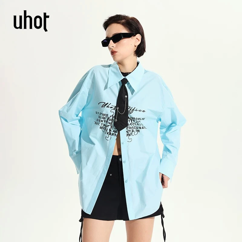 uhot/诱货薄荷曼波蓝字母印花长袖衬衫女2025夏季新款 UWWR5C458