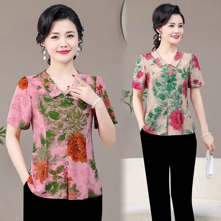 夏装短袖洋气减龄娃娃领时尚妈妈装气质显瘦韩版女士小衫中年
