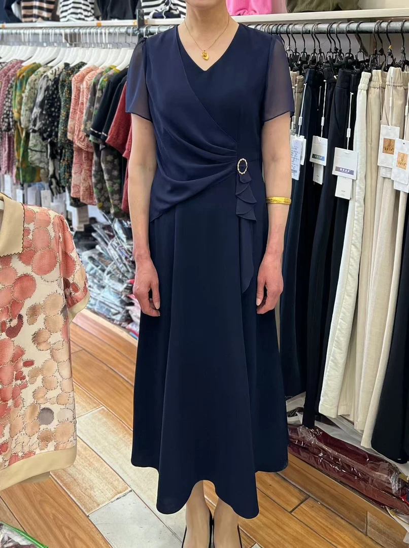 小美家  设计师连衣裙 修身褶皱长裙洋气V领 （藏青）