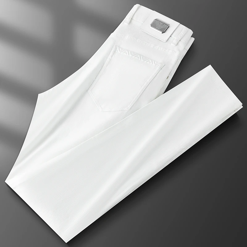 轻奢级夏季新疆棉弹力白色牛仔裤男修身小直筒高端欧货休闲裤男潮