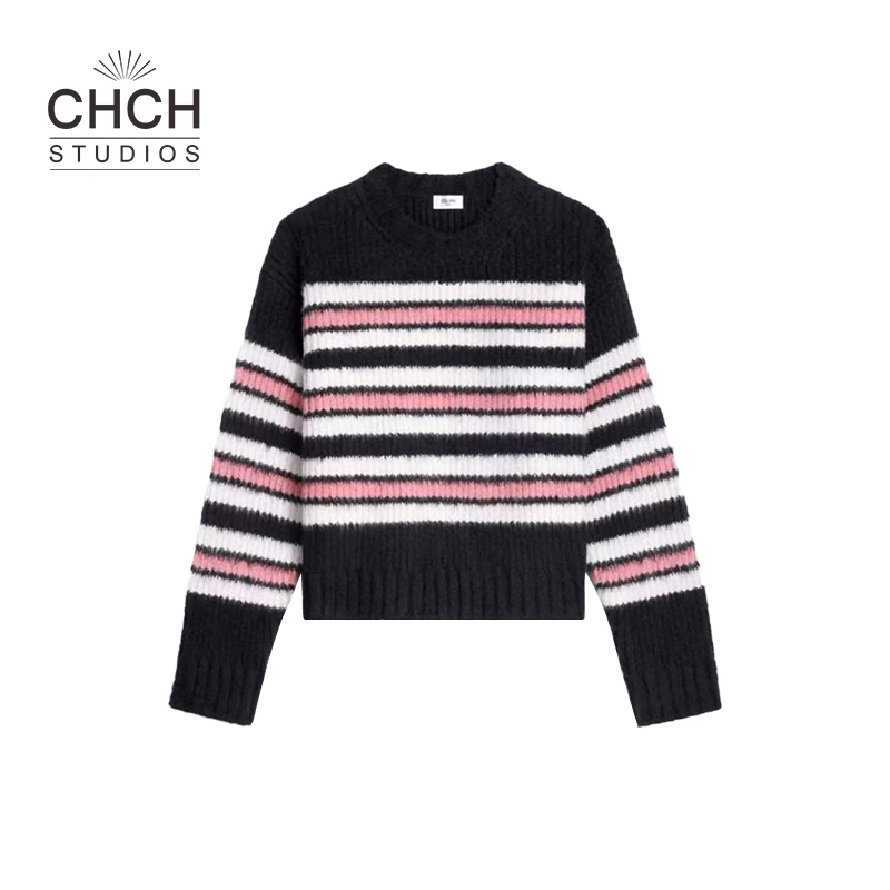 RAQZZ12397拉绒棉短款圆领粉色条纹撞色百搭宽松毛衣