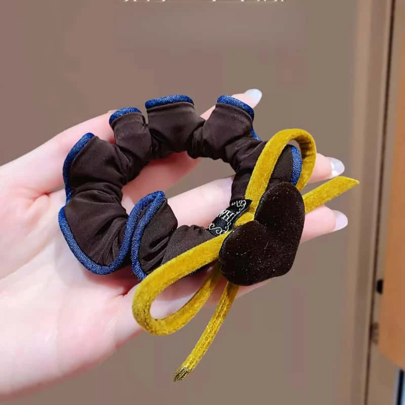 韩国东大门新款高级感蝴蝶结发饰撞色复古牛仔蓝头绳发绳女简约