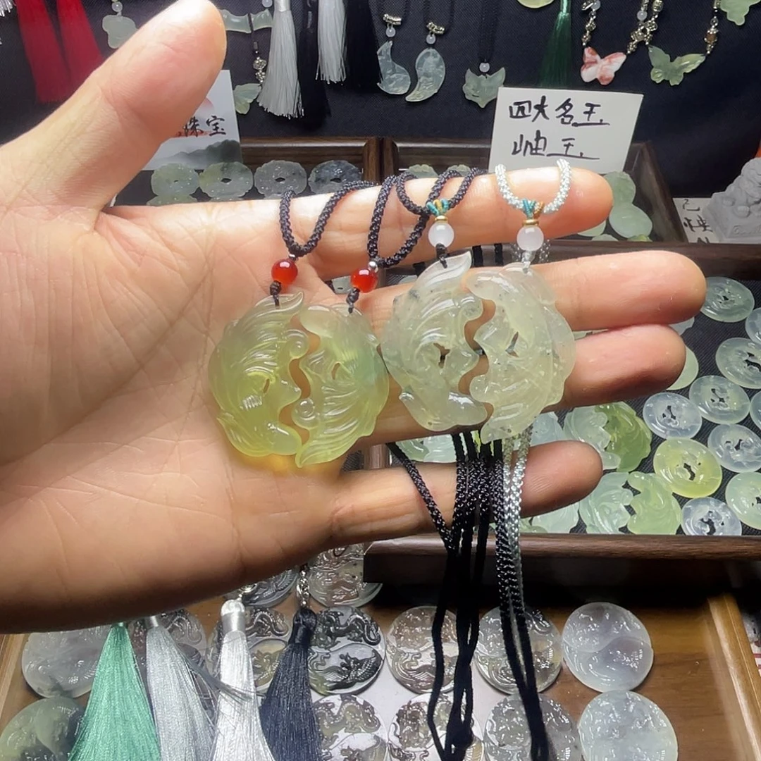 岫玉未镶嵌双鱼玉佩吊坠项链