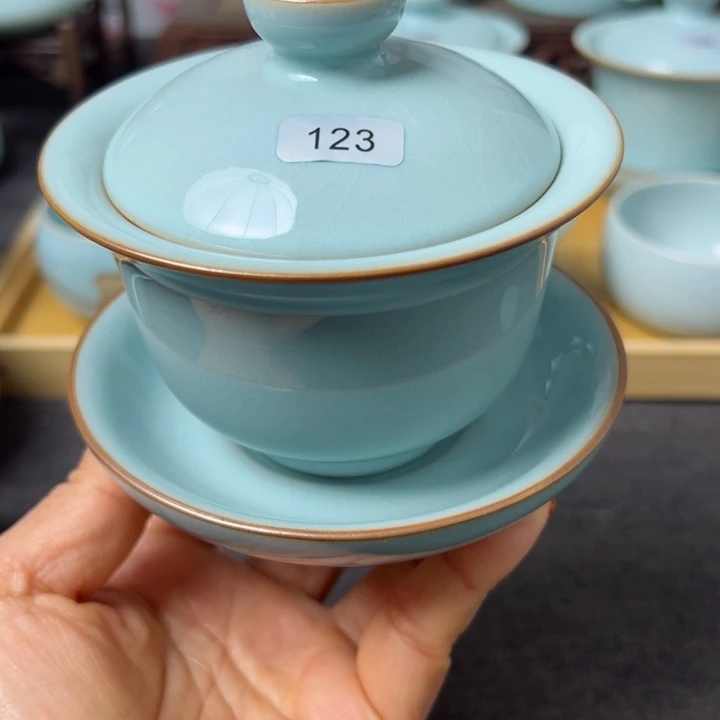 杯旧**梦天青色元宝盖碗微瑕