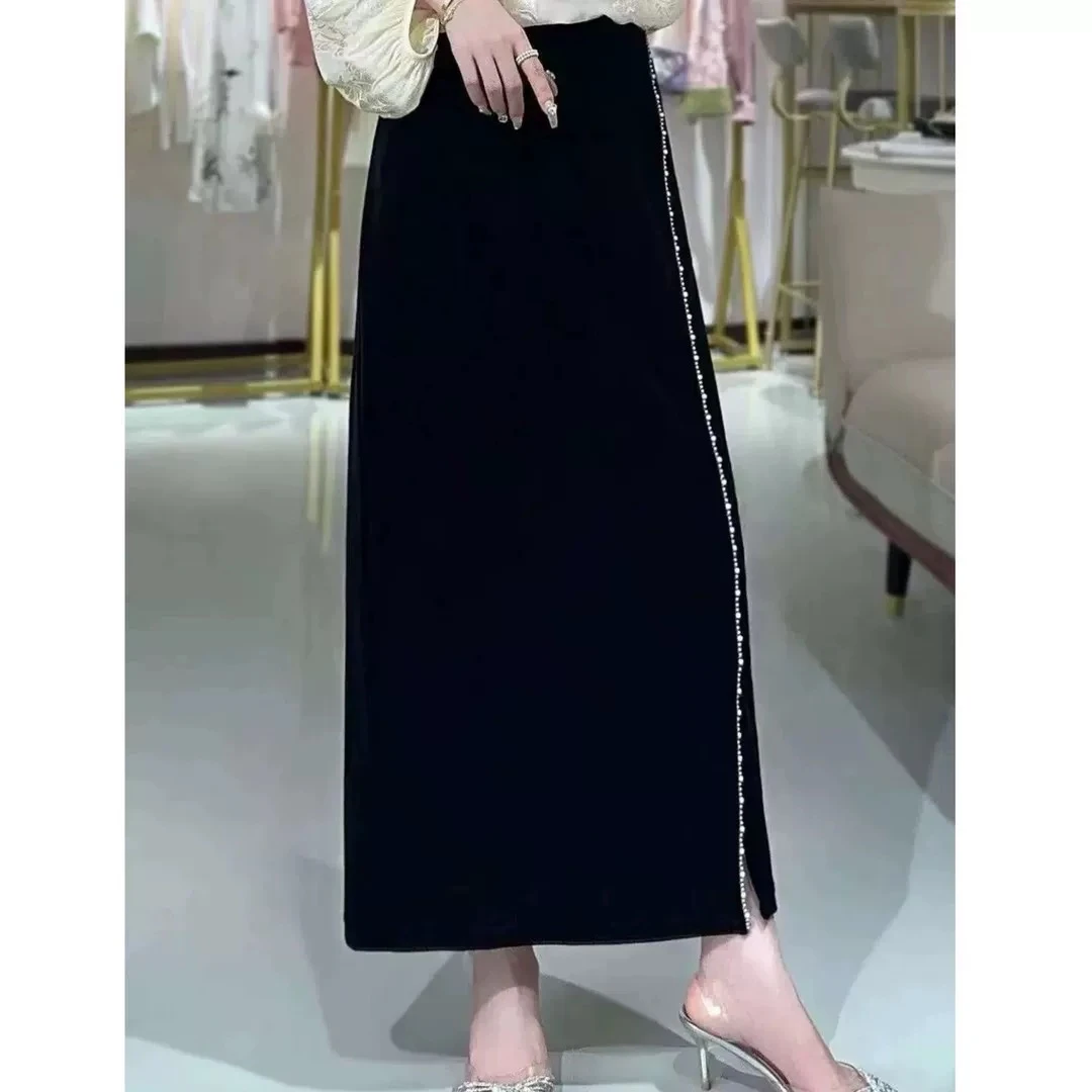 2025新款洋气中长款半身裙百搭显瘦高端金丝绒亮钻显瘦