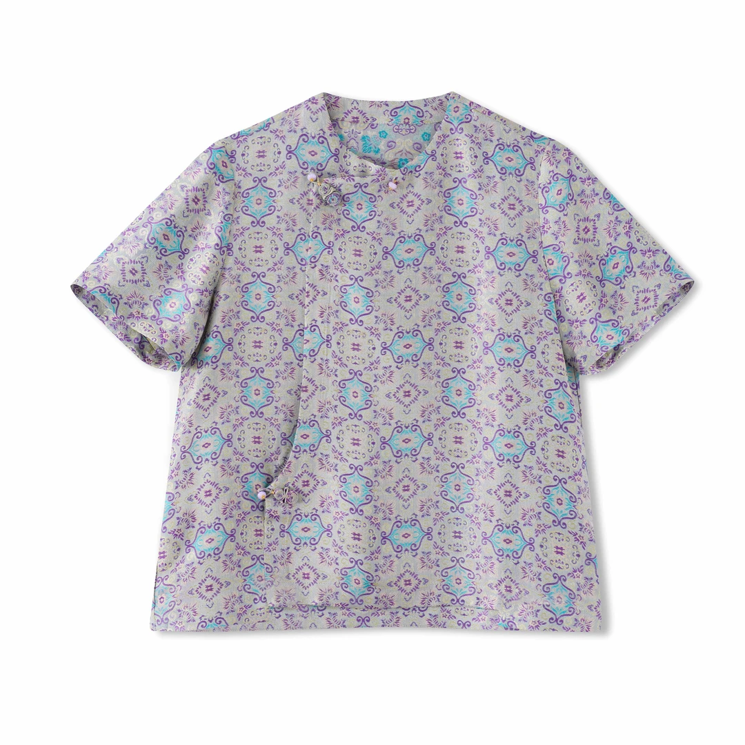 时夏-YZQS253218新中式蜀锦桑蚕丝中国风复古气质短袖上衣女