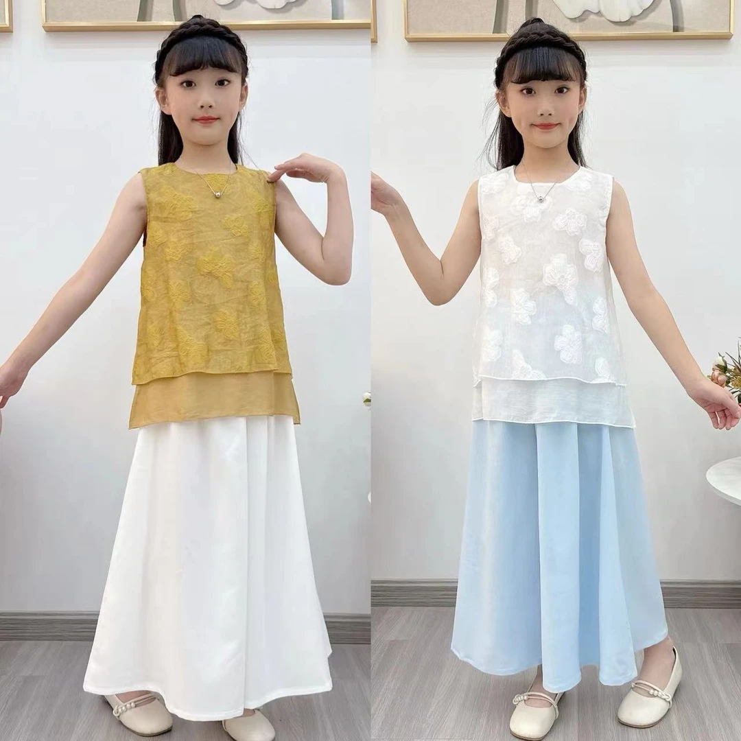 女童夏季裙裤套装2025新款中大童花朵刺绣无袖背心上衣阔腿裤两件