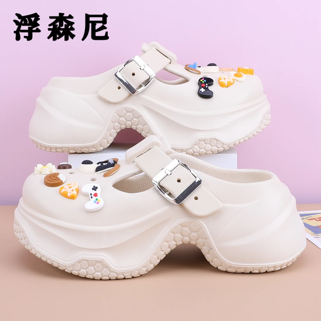 银扣厚底玛丽珍洞洞鞋女款外穿防滑增高夏季新款百搭凉拖鞋包头拖