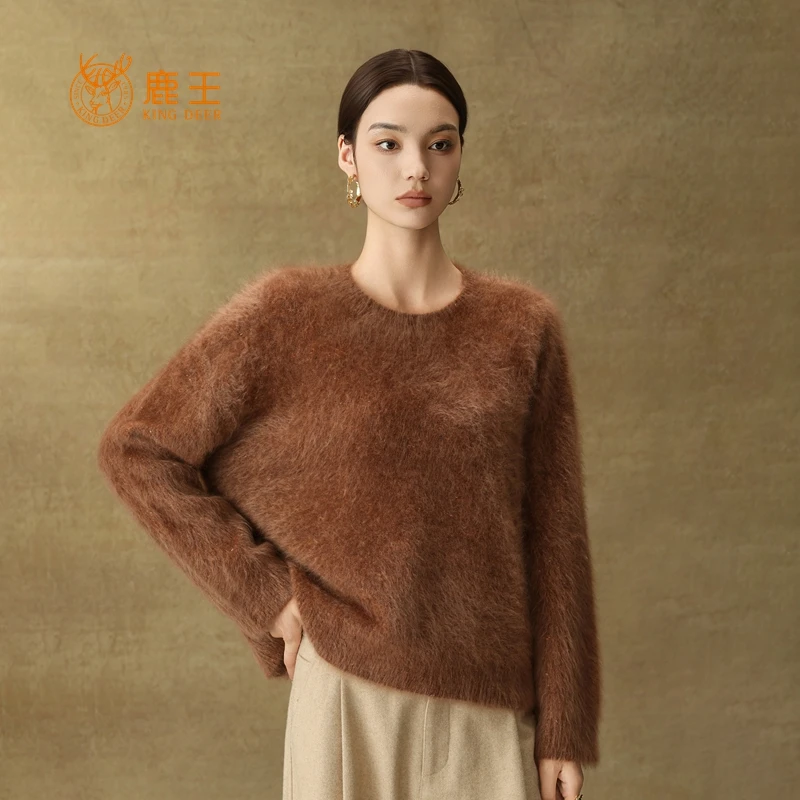 鹿王25秋冬新款女圆领100山羊绒金豆花纱拉绒休闲套衫 加厚 L695