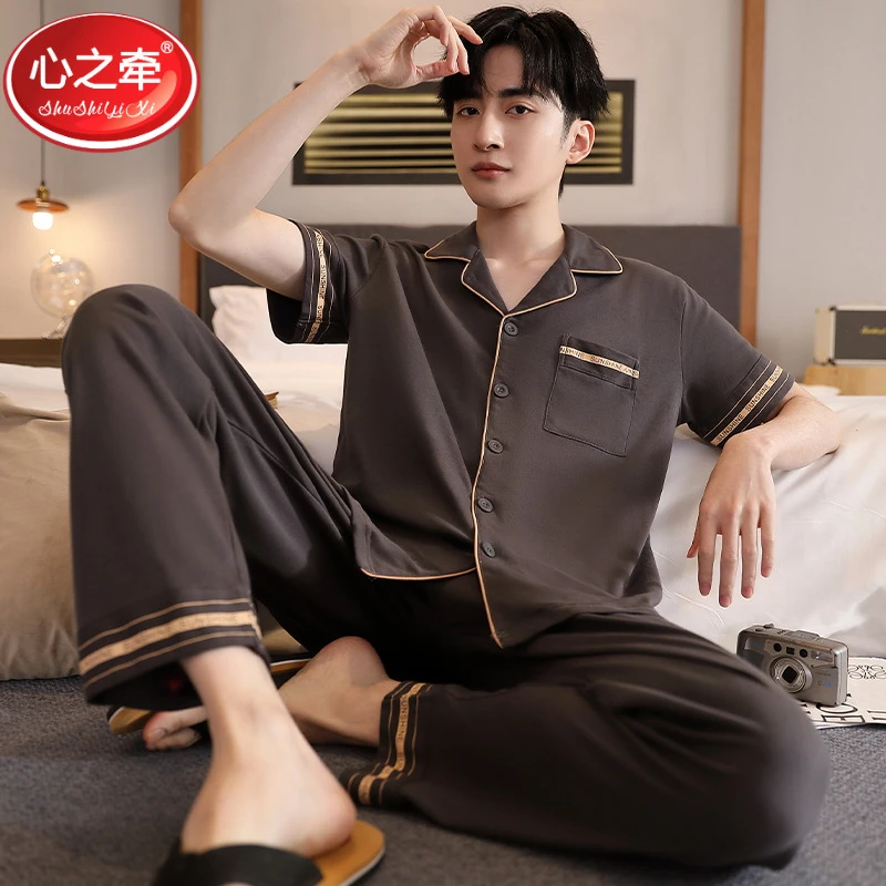 高档睡衣男款夏季薄款纯棉短袖长裤家居服青年男式大码套装可外穿