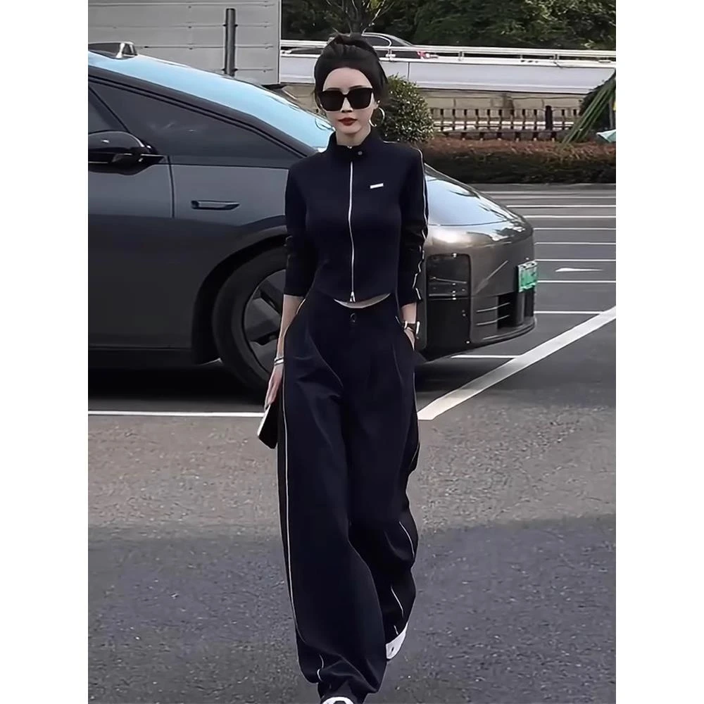炸街黑色休闲运动套装女春季2025超火欧货高腰卫衣阔腿裤两件套装