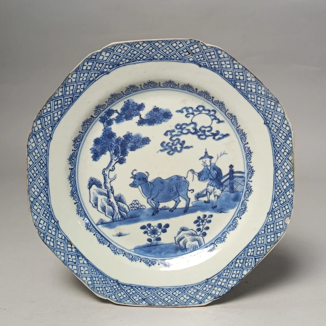 【010022412】清雍正 青花牧牛图八方盘