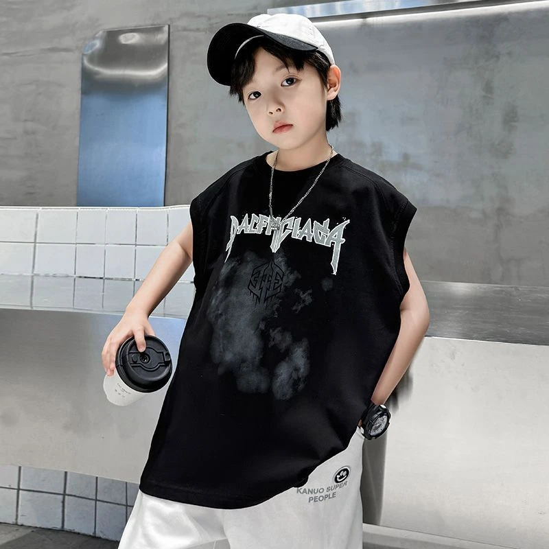 男童夏季无袖儿童背心新款中大童美式潮宽松薄款运动坎肩T恤上衣