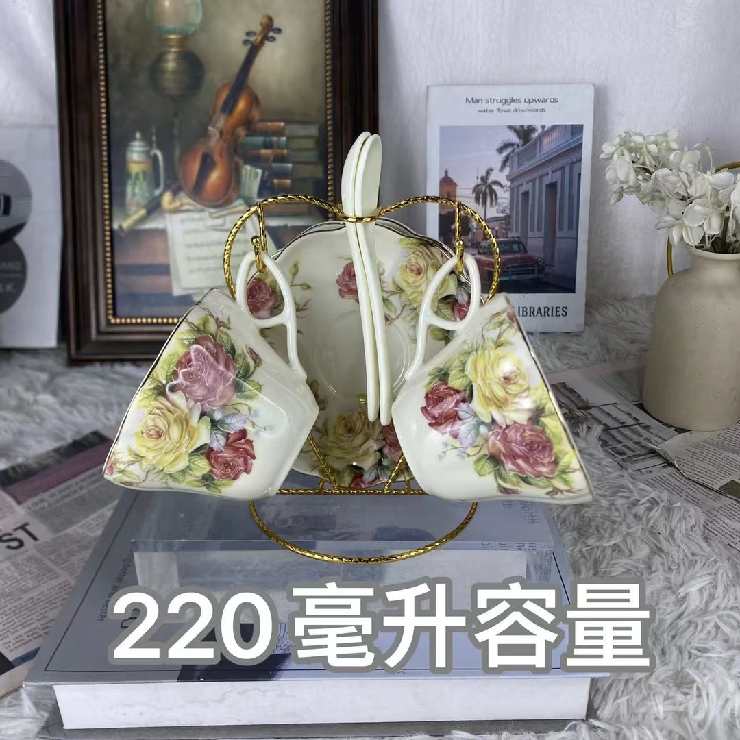 【玲珑专属】欧式象牙黄玫瑰花描金花边咖啡杯带杯架