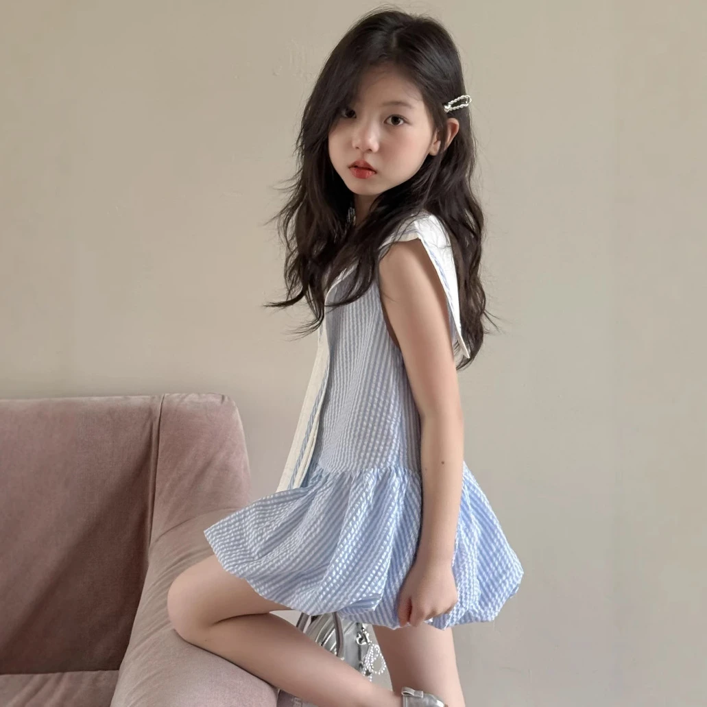 童裙2025款学院风儿童海军领蓝白格花苞连衣裙女童无袖公主裙