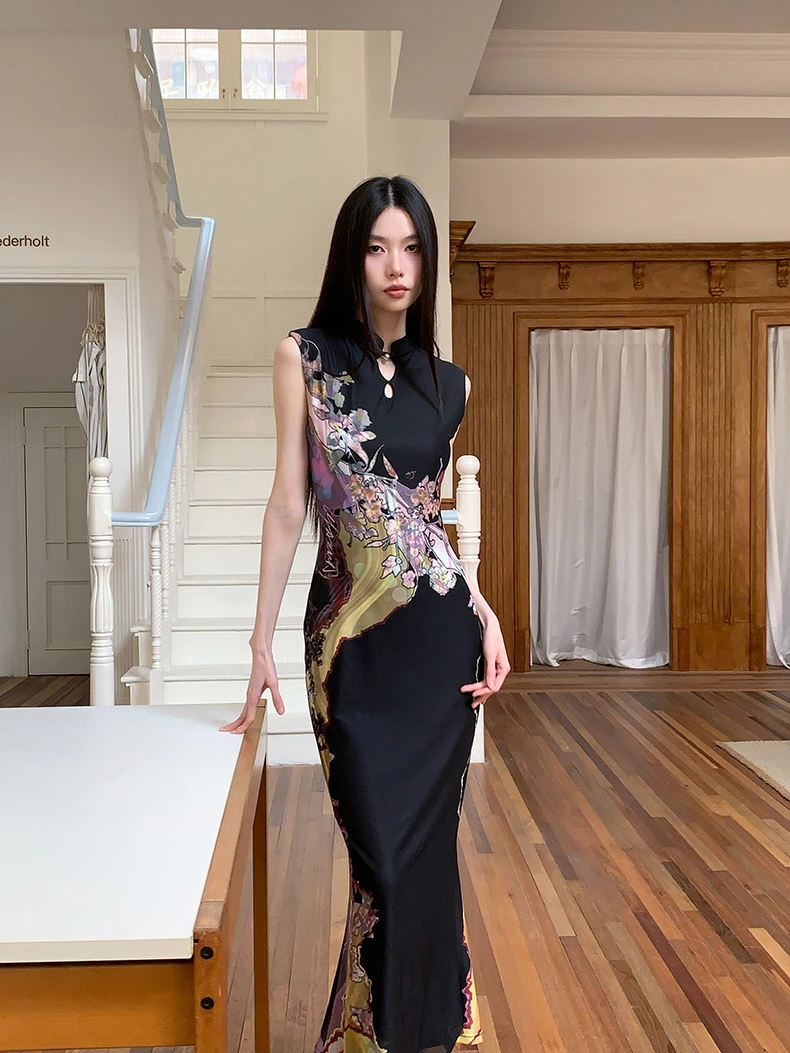 新中式两穿撞色改良旗袍连衣裙两穿国画印花包臀鱼尾无袖背心长裙