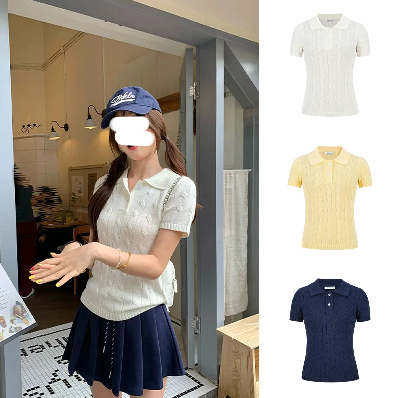 MosesQueen/魔西女王时髦凉感POLO领针织薄款短袖女复古绞花上衣
