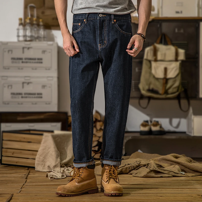 XOFO新款深蓝色美式复古水洗锥形小脚九分牛仔裤男士秋季长裤子