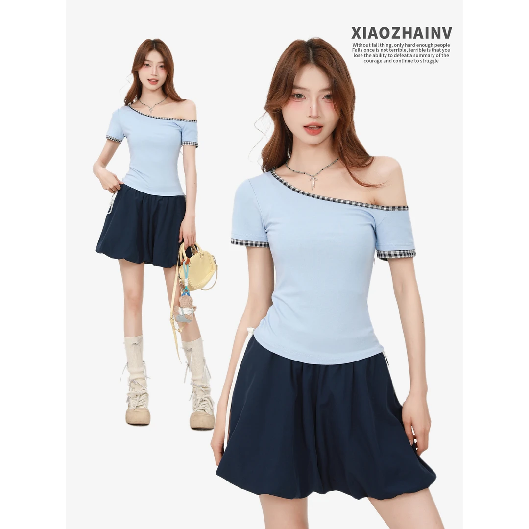 韩系甜妹一字领斜肩短袖t恤女夏季新款设计感独特别致气质上衣