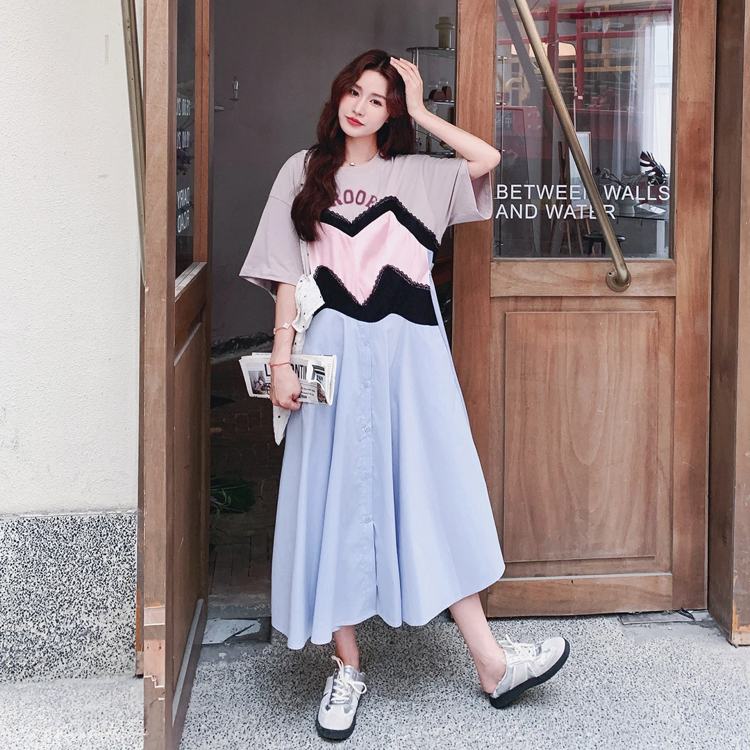 韩版休闲宽松T恤裙女夏季2025新款慵懒风字母印花撞色长款连衣裙