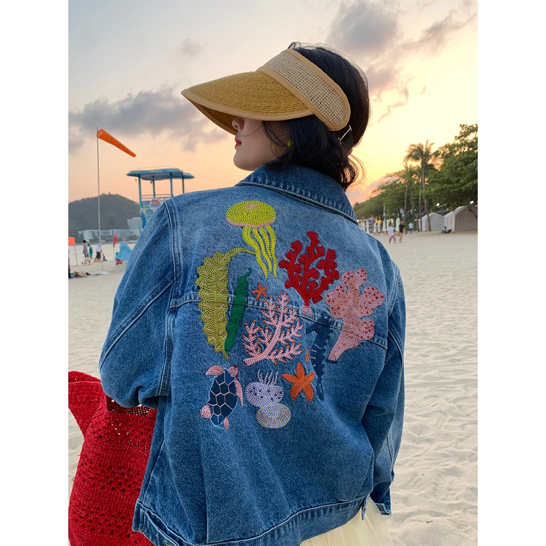 落落狷介 外套女春季2025新款刺绣宽松牛仔外套小个子牛仔衣小众