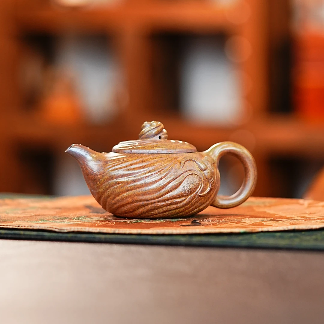宜兴原矿紫砂全手工段泥创意堆塑牛转乾坤漩涡纹紫砂壶