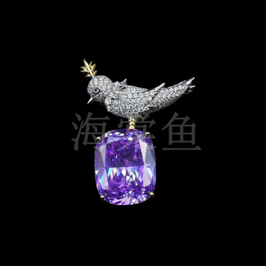 铜合金合成锆石胸针 时尚百搭大号【高定版】紫色石上鸟胸针6406